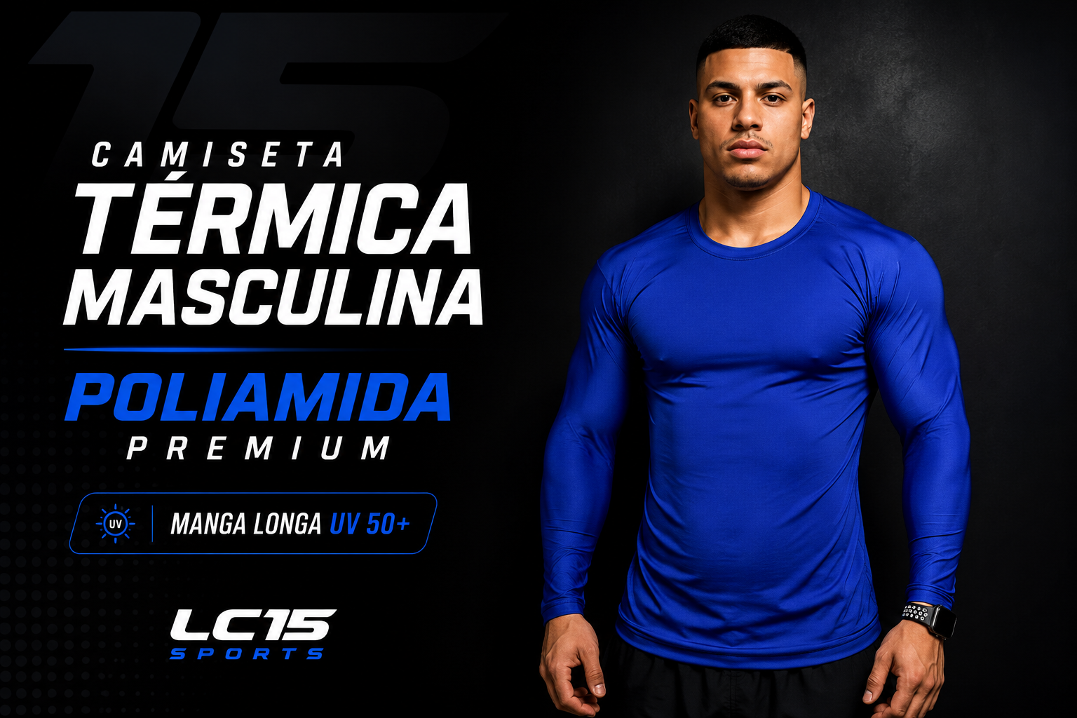 Camiseta T&eacute;rmica Masculina Poliamida Premium Manga Longa UV 50+ LC15 Sports